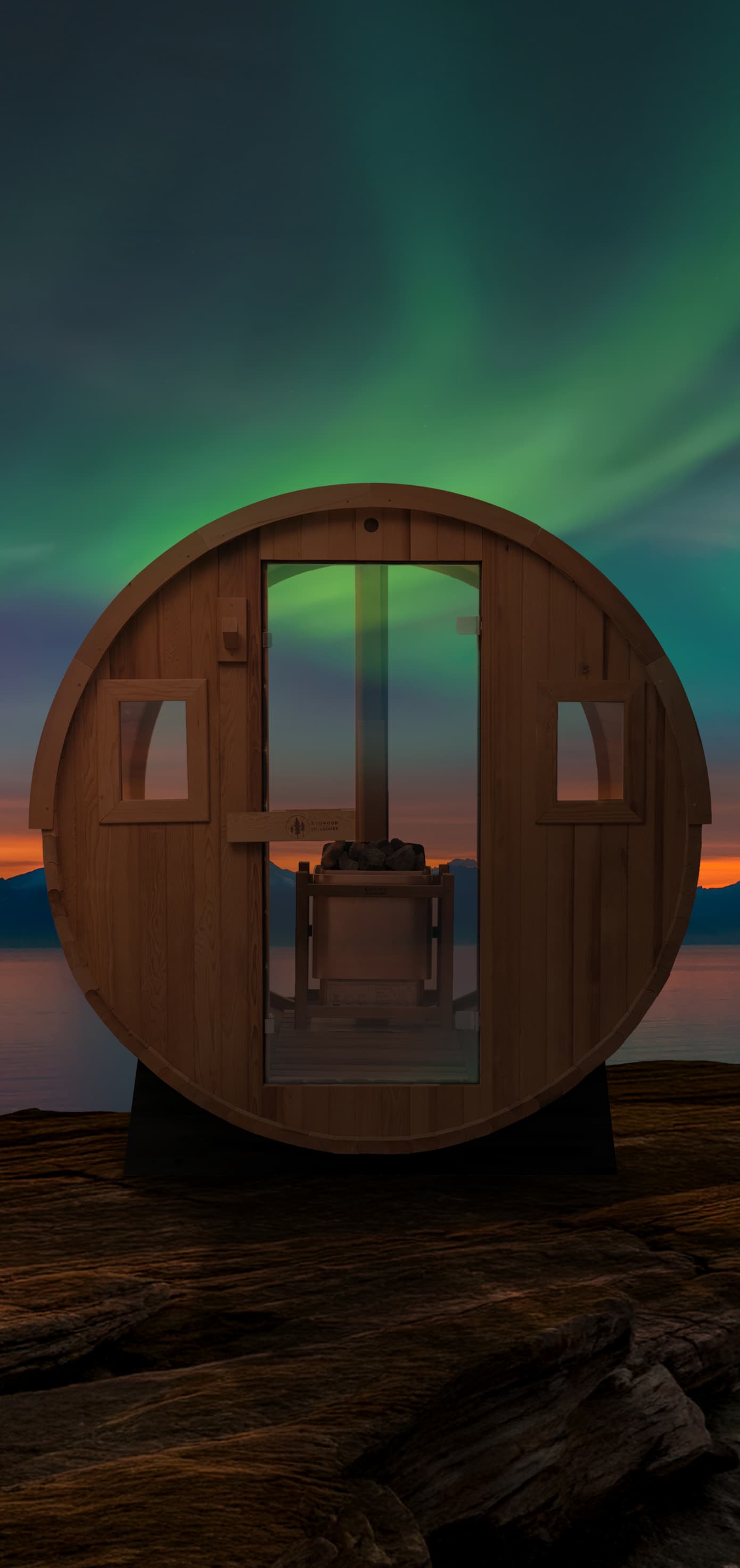 Wooden barrel with a reflective surface against a night sky with aurora borealis.